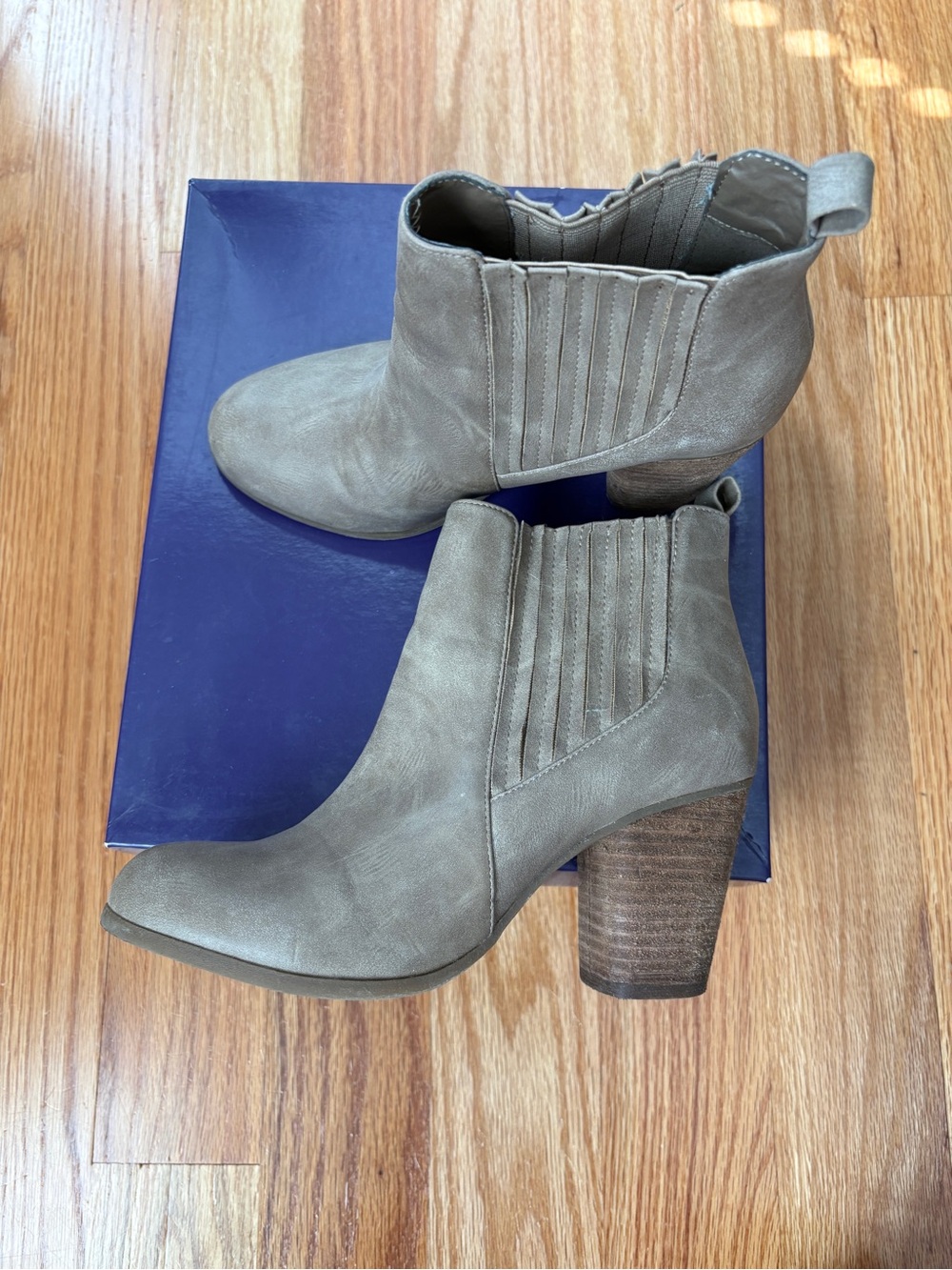 Madden Girl Women’s Taupe Ankle Bootie with Stacked Heel